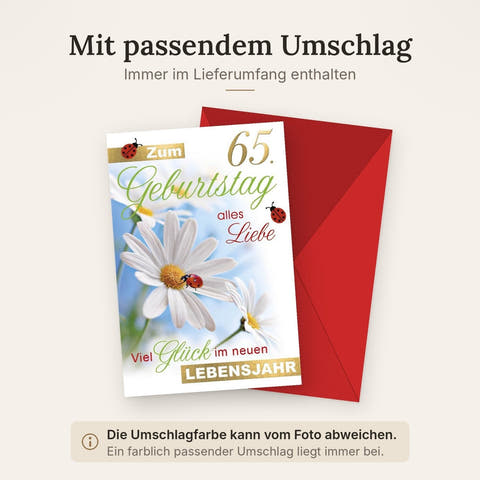 Geburtstagskarte 65 Jahre - Elegantes Design mit Goldfolie, Blumen & Natur, Marienkäfer in Grün-Weiß, Herzliche Grüße für Senioren