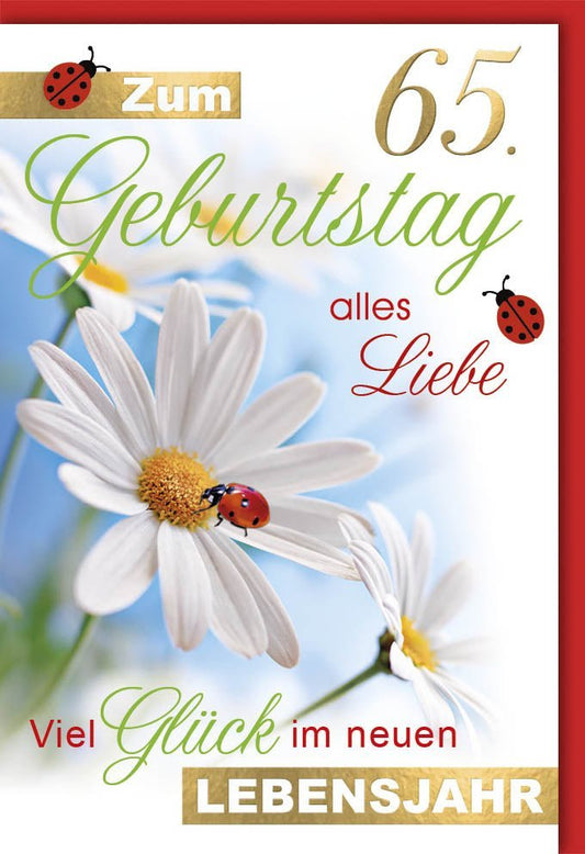 Geburtstagskarte 65 Jahre - Elegantes Design mit Goldfolie, Blumen & Natur, Marienkäfer in Grün - Weiß, Herzliche Grüße für Senioren