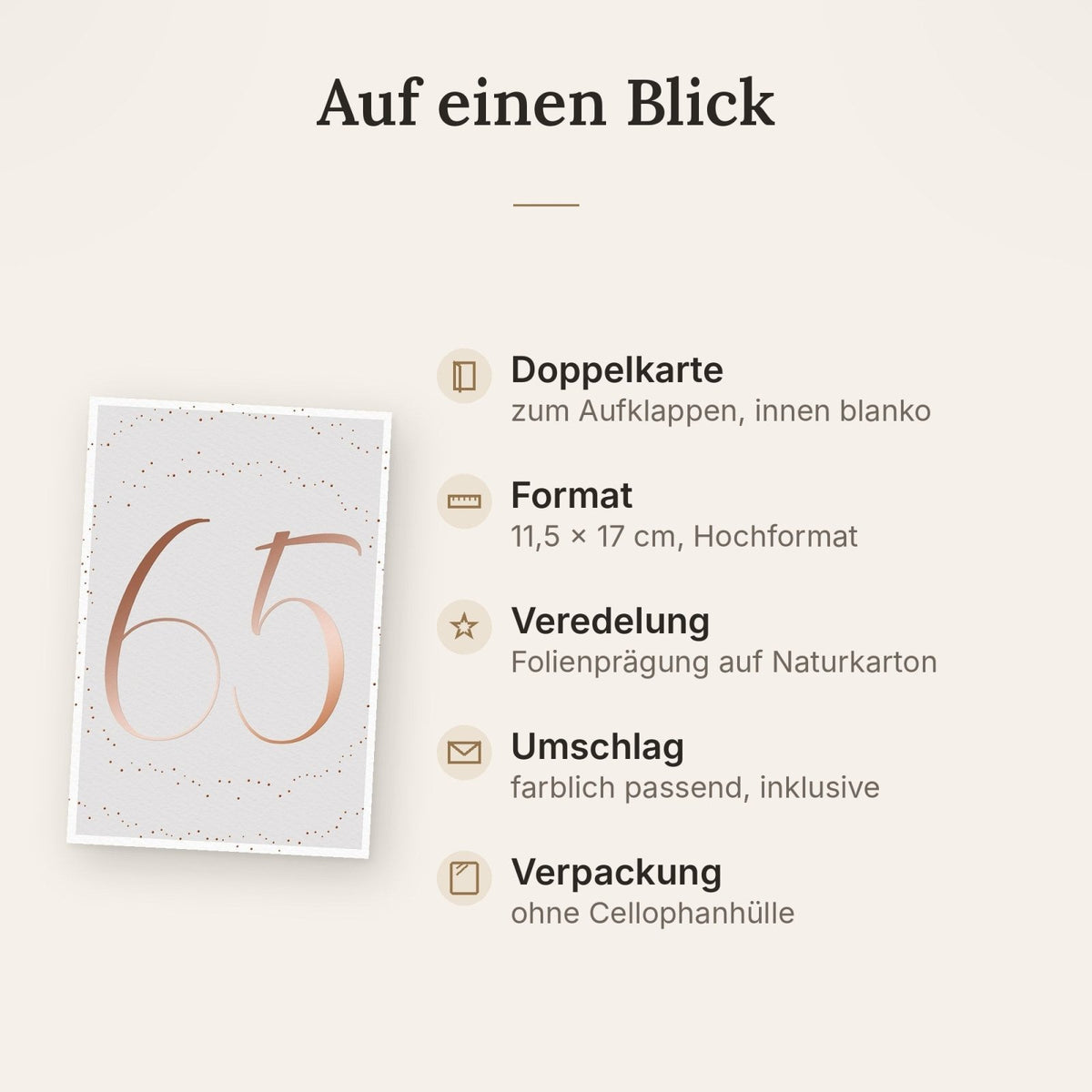 Geburtstagskarte 65 Jahre: Elegantes Gold-Design mit Punkten auf Weiß für besondere Anlässe