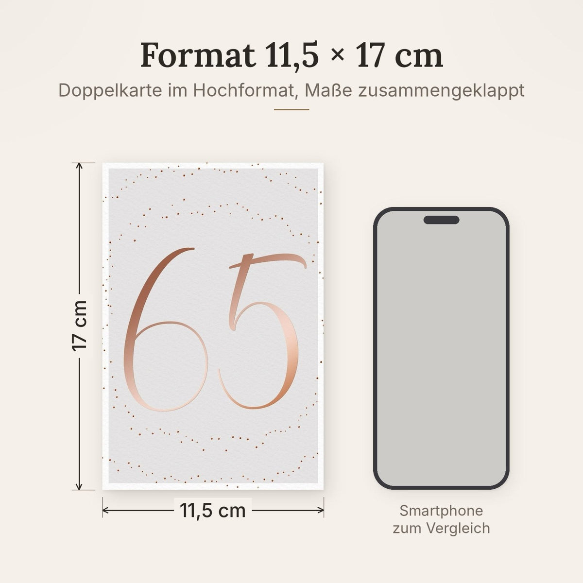Geburtstagskarte 65 Jahre: Elegantes Gold-Design mit Punkten auf Weiß für besondere Anlässe