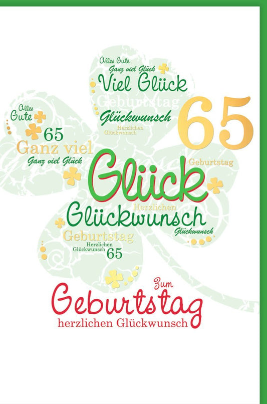 Geburtstagskarte 65 Jahre: Festliche Glückwünsche mit Kleeblatt in Grüntönen