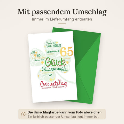 Geburtstagskarte 65 Jahre: Festliche Glückwünsche mit Kleeblatt in Grüntönen