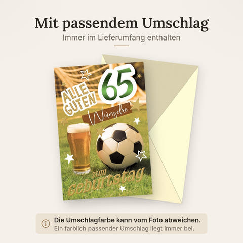 Geburtstagskarte 65 Jahre Männer – Fußball und Bier mit Sternen und Tor im Hintergrund