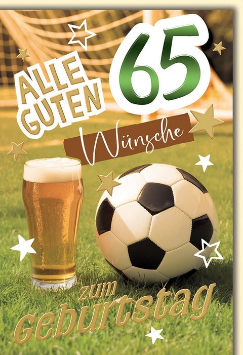 Geburtstagskarte 65 Jahre Männer – Fußball und Bier mit Sternen und Tor im Hintergrund