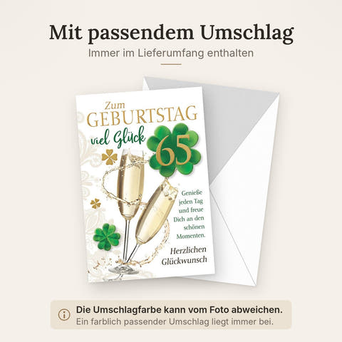 Geburtstagskarte 65 Jahre – Sektgläser mit Kleeblatt und goldenen Akzenten