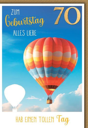 Geburtstagskarte 70. Geburtstag: Heißluftballon in Orange - Blau mit eleganter Typografie
