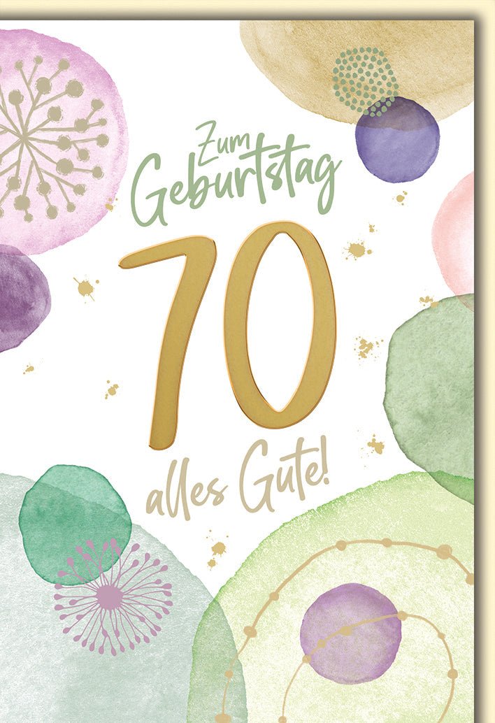 Geburtstagskarte 70 Jahre – Aquarell Kreise in Pastell mit Goldakzenten
