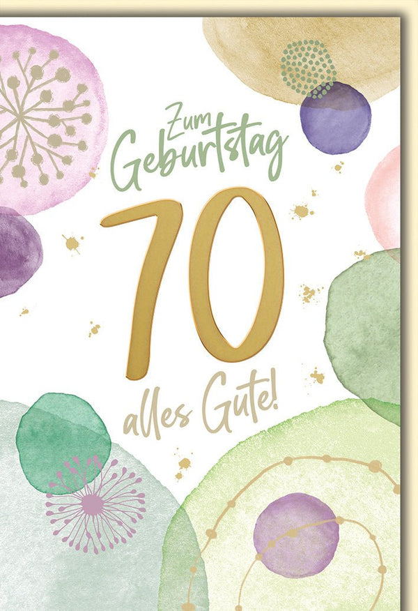 Geburtstagskarte 70 Jahre – Aquarell Kreise in Pastell mit Goldakzenten