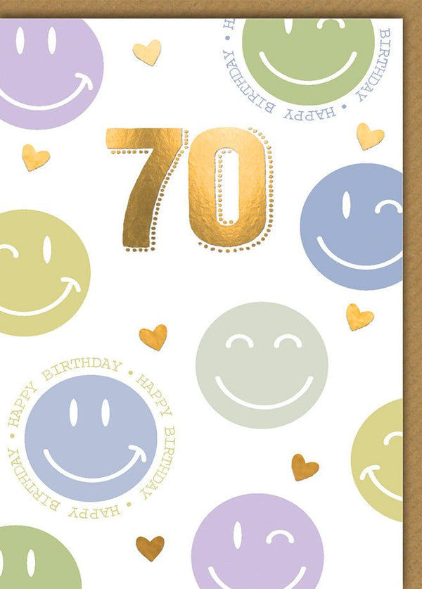 Geburtstagskarte 70 Jahre – Bunte Smileys mit Goldakzenten und Herzmotiven
