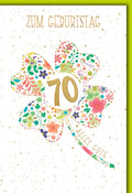 Geburtstagskarte 70 Jahre – Buntes Kleeblatt mit Blumenmuster und Goldakzenten