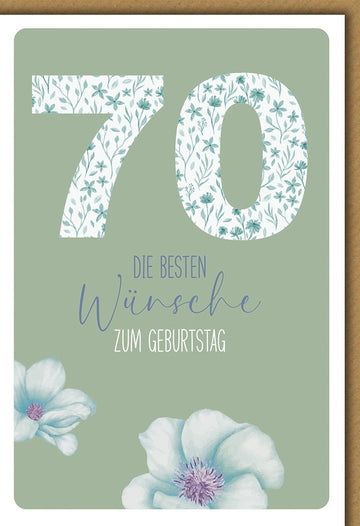 Geburtstagskarte 70 Jahre – Florale 70 mit zarten Blüten auf grünem Hintergrund