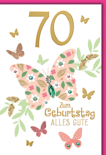 Geburtstagskarte 70 Jahre Frauen – Floraler Schmetterling mit Glitzerakzenten und Goldschrift