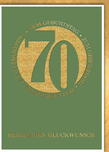 Geburtstagskarte 70 Jahre – Goldene 70 auf grünem Hintergrund mit elegantem Design