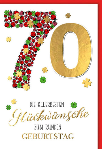 Geburtstagskarte 70 Jahre – Goldene 70 mit Marienkäfern und Kleeblättern in fröhlichem Design