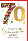Geburtstagskarte 70 Jahre – Goldene 70 mit Marienkäfern und Kleeblättern in fröhlichem Design