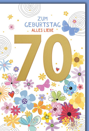 Geburtstagskarte 70 Jahre – Goldene Zahl mit bunten Blumen und Schmetterlingen