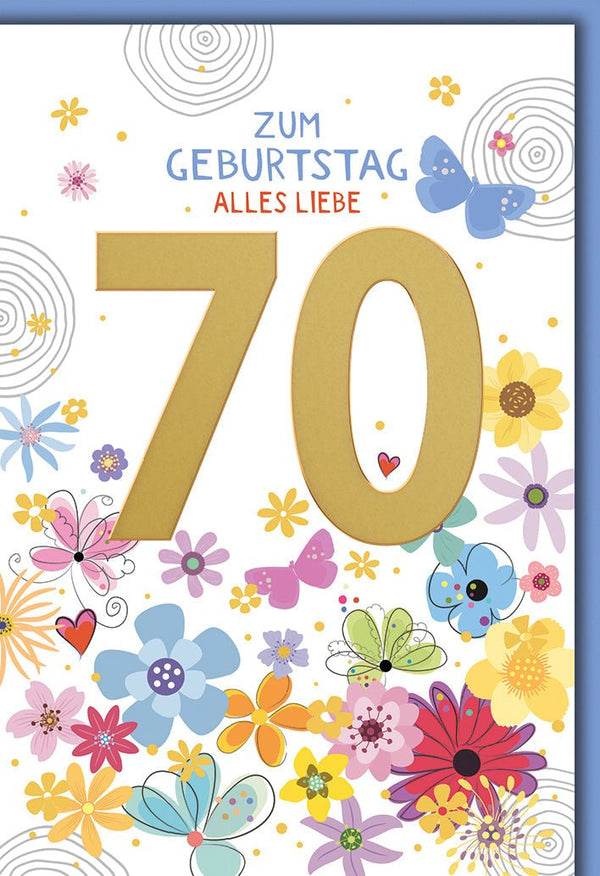 Geburtstagskarte 70 Jahre – Goldene Zahl mit bunten Blumen und Schmetterlingen