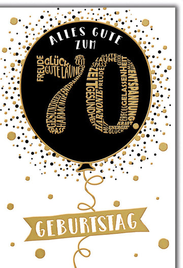 Geburtstagskarte 70 Jahre – Goldener Ballon mit Wortwolke und festlichem Design