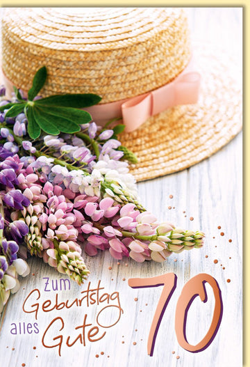 Geburtstagskarte 70 Jahre mit Blumenstrauß und Strohhut liebevoll gestaltet zum runden Geburtstag alles Gute Doppelkarte