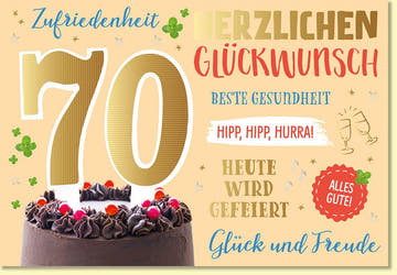 Geburtstagskarte 70 Jahre mit Torte und Glückwünschen in fröhlichen Farben für Gesundheit Zufriedenheit und Freude zum runden Geburtstag