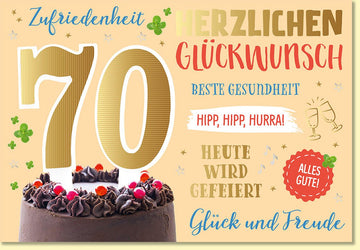 Geburtstagskarte 70 Jahre mit Torte und Glückwünschen in fröhlichen Farben für Gesundheit Zufriedenheit und Freude zum runden Geburtstag