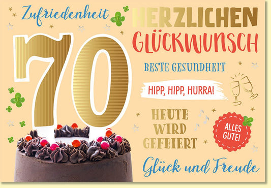 Geburtstagskarte 70 Jahre mit Torte und Glückwünschen in fröhlichen Farben für Gesundheit Zufriedenheit und Freude zum runden Geburtstag