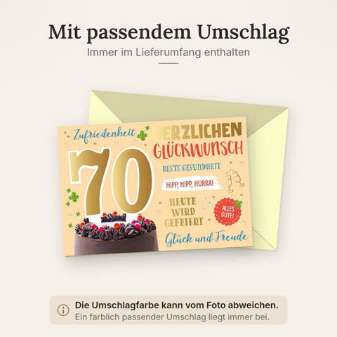 Geburtstagskarte 70 Jahre mit Torte und Glückwünschen in fröhlichen Farben für Gesundheit Zufriedenheit und Freude zum runden Geburtstag