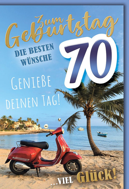 Geburtstagskarte 70 Jahre – Roter Roller am Strand mit Palmen und Urlaubsflair
