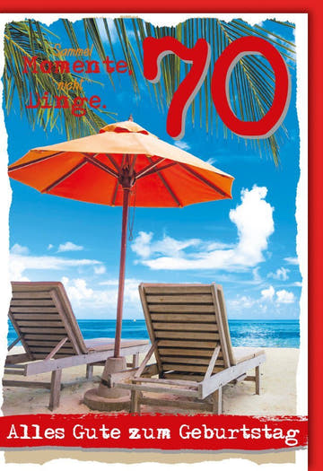 Geburtstagskarte 70 Jahre - Strand & Sonnenschirm Motiv für entspannte Glückwünsche zum Jubiläum