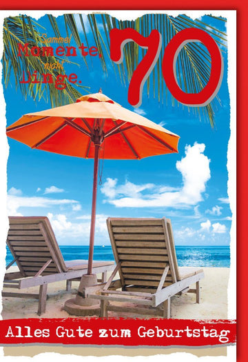 Geburtstagskarte 70 Jahre - Strand & Sonnenschirm Motiv für entspannte Glückwünsche zum Jubiläum