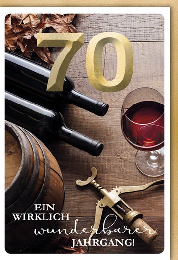 Geburtstagskarte 70 Jahre - Vintage Weinflasche & Fass Design, Stilvolle Retro Einladung für Jubiläumsfeier und Geschenkidee