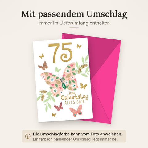 Geburtstagskarte 75 Jahre – Blumenschmetterling mit Glitzerakzenten und Edelstein-Optik