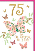 Geburtstagskarte 75 Jahre – Blumenschmetterling mit Glitzerakzenten und Edelstein-Optik