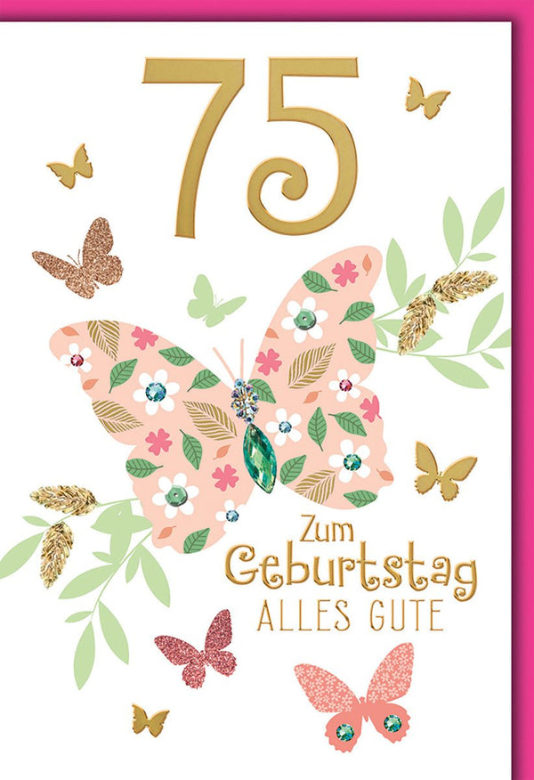 Geburtstagskarte 75 Jahre – Blumenschmetterling mit Glitzerakzenten und Edelstein-Optik