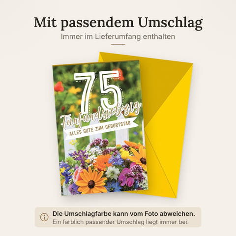 Geburtstagskarte 75 Jahre – Bunte Blumenwiese mit Zaun und fröhlichem Design