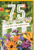 Geburtstagskarte 75 Jahre – Bunte Blumenwiese mit Zaun und fröhlichem Design