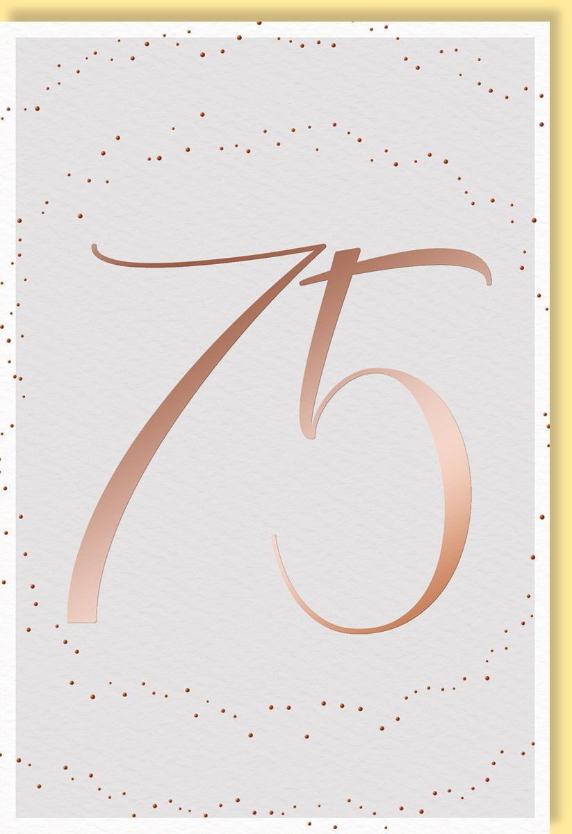 Geburtstagskarte 75 Jahre – Elegante Karte mit goldener Zahl und zartem Punktemuster auf Weiß, perfekt für Jubiläen.