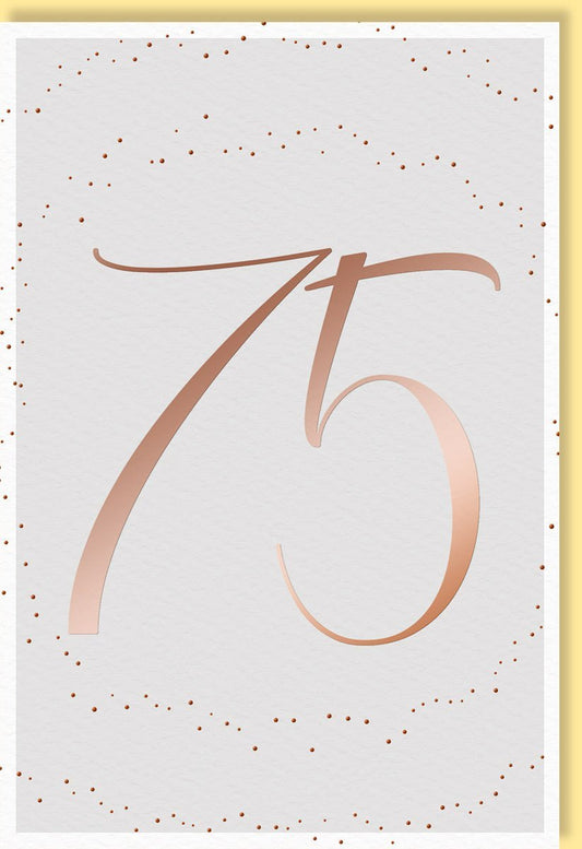 Geburtstagskarte 75 Jahre – Elegante Karte mit goldener Zahl und zartem Punktemuster auf Weiß, perfekt für Jubiläen.