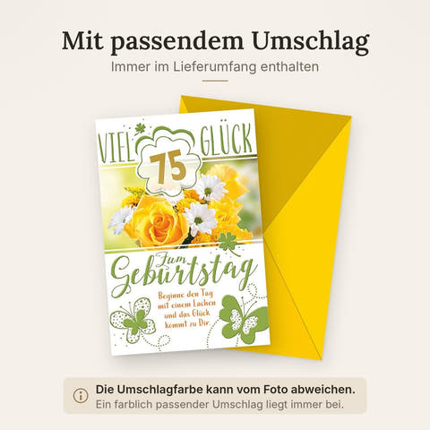 Geburtstagskarte 75 Jahre – Gelbe Rosen und Schmetterlinge mit Glückwunsch-Zitat