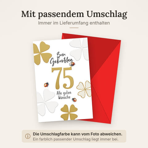 Geburtstagskarte 75 Jahre – Goldene Kleeblätter mit Marienkäfern und modernem Design
