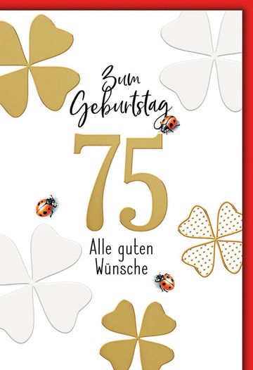 Geburtstagskarte 75 Jahre – Goldene Kleeblätter mit Marienkäfern und modernem Design