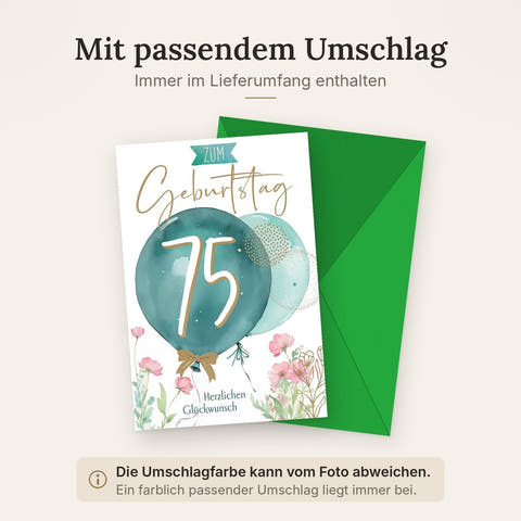 Geburtstagskarte 75 Jahre – Grüne Ballons mit Blumen und Goldakzenten in Aquarell