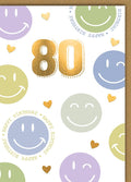 Geburtstagskarte 80 Jahre – Bunte Smileys mit Goldakzenten und Herzmotiven