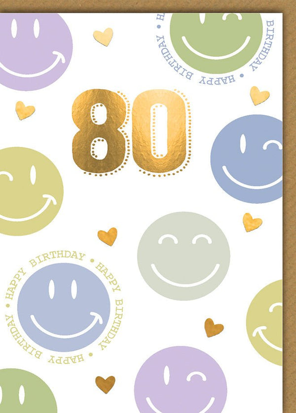 Geburtstagskarte 80 Jahre – Bunte Smileys mit Goldakzenten und Herzmotiven