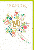 Geburtstagskarte 80 Jahre – Buntes Blumen-Kleeblatt mit Goldakzenten und Glitzerpunkten