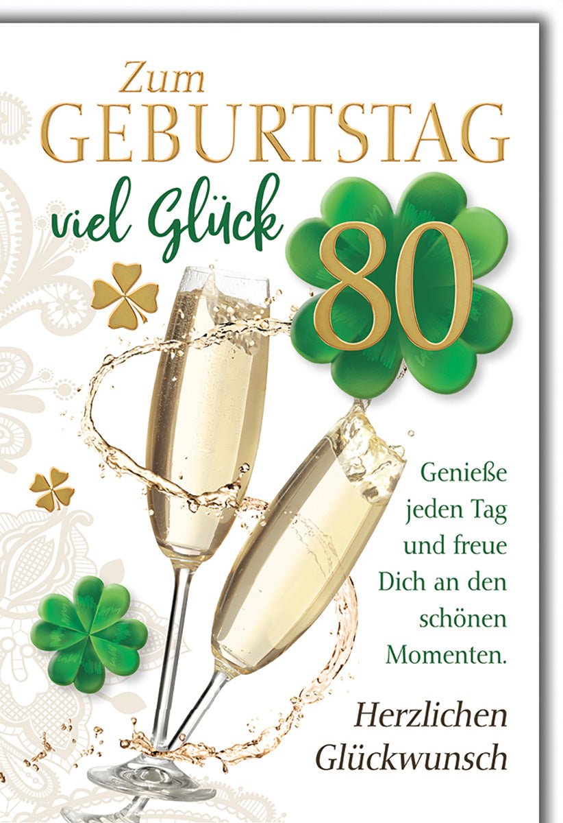Geburtstagskarte 80 Jahre – Champagnergläser mit Kleeblatt und goldenen Akzenten