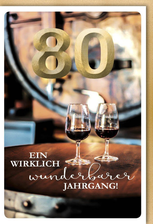 Geburtstagskarte 80 Jahre - Elegante Karte mit Rotweingläsern, Goldakzenten & Vintage - Design für Weinliebhaber zur Feier des 80. Geburtstags