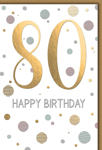 Geburtstagskarte 80 Jahre – Goldene 80 mit bunten Punkten und modernem Design