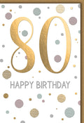 Geburtstagskarte 80 Jahre – Goldene 80 mit bunten Punkten und modernem Design
