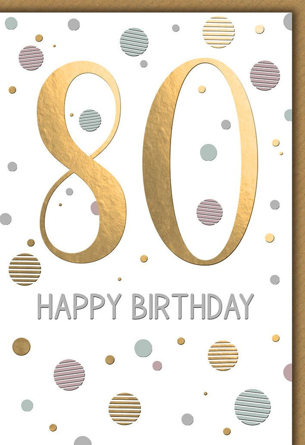 Geburtstagskarte 80 Jahre – Goldene 80 mit bunten Punkten und modernem Design